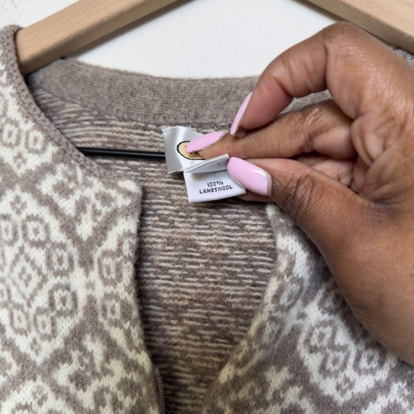 Talbots Women Patchwork 100% Lambswool Cardigan Sweater Large Brown Fair Isle - Picture 8 of 8